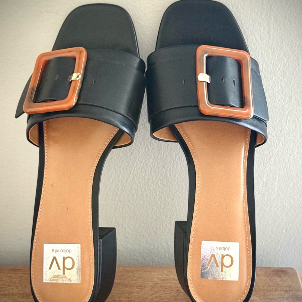 NEW Dolce Vita Black Slide Mules with Brown Buckle - Picture 2 of 6
